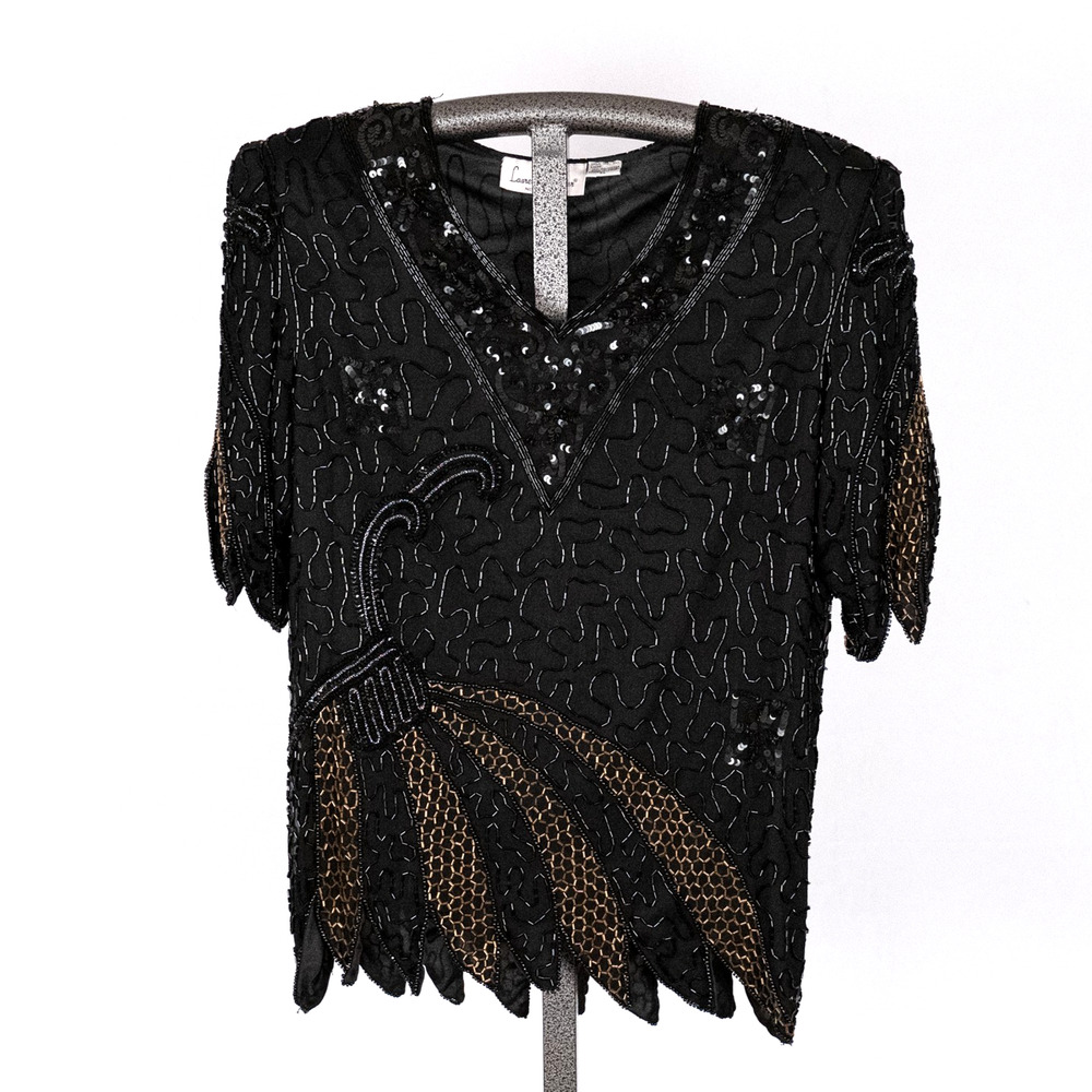 Laurence Kazar Vintage Beaded Silk Blouse XL Cocktail Evening Sequins Art Deco